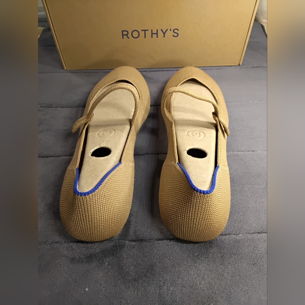 Rothy's Tan Mary Jane Flats with Blue Trim - Picture 5 of 6